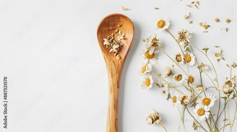 Dried chamomile flowers and wooden spoon on white background. Dried chamomile flowers and wooden spoon on white background.