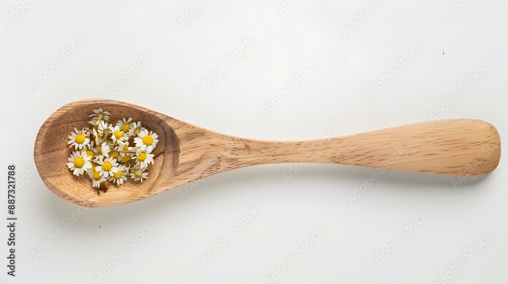 Dried chamomile flowers and wooden spoon on white background. Dried chamomile flowers and wooden spoon on white background.
