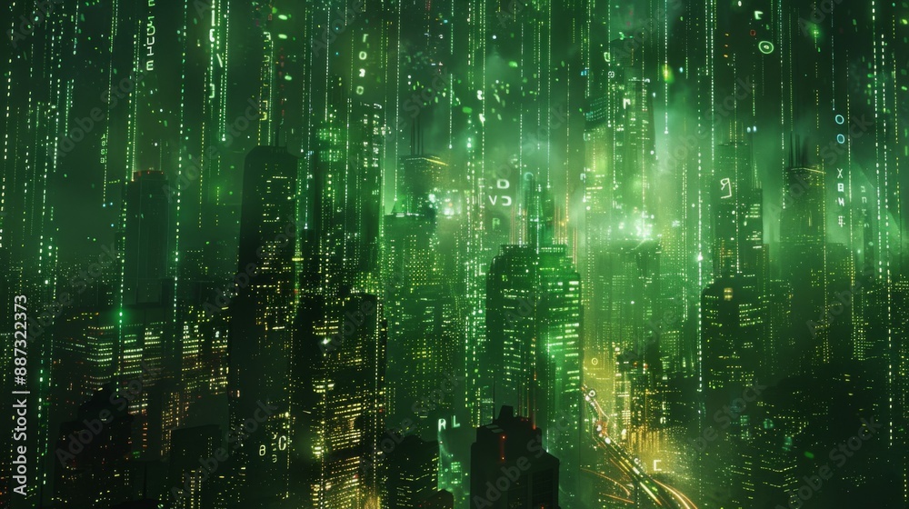 Fototapeta premium Matrix-inspired digital cityscape with cascading green code and floating holographic symbols 