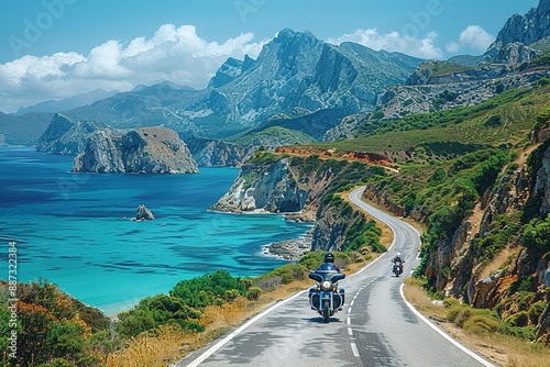 Fototapeta Naklejka Na Ścianę i Meble -  A motorcycle is driving down a road next to a body of water