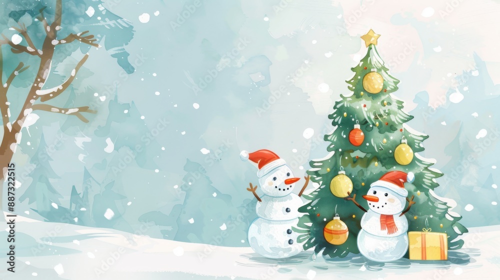 Charming winter scene with snowmen and a decorated Christmas tree, surrounded by snow, capturing the festive holiday spirit. Charming winter scene with snowmen and a decorated Christmas tree, surrounded by snow, capturing the festive holiday spirit.