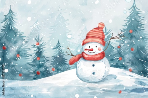Cheerful snowman with a red hat and scarf in a snowy forest with pine trees, spreading festive holiday vibes.
