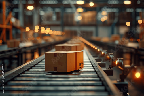 Photorealistic closeup of cardboard boxes on a conveyor belt in a warehouse fulfillment center with blurred background bokeh effect snapshot of e-commerce delivery automation products