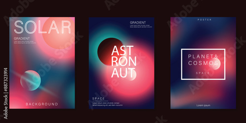 Planet and galaxy Space card vector set. Solar system with galaxy planets, asteroids, jupiter, saturn, mars, moon, ring line solar. Cosmic design for flyer, brochure, background, poster, cover.