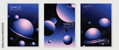 Planet and galaxy Space card vector set. Solar system with galaxy planets, asteroids, jupiter, saturn, mars, moon, ring line solar. Cosmic design for flyer, brochure, background, poster, cover.