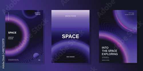 Planet and galaxy Space card vector set. Solar system with galaxy planets, asteroids, jupiter, saturn, mars, moon, ring line solar. Cosmic design for flyer, brochure, background, poster, cover.