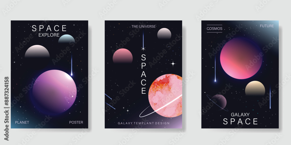 Planet and galaxy Space card vector set. Solar system with galaxy ...