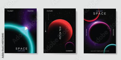 Planet and galaxy Space card vector set. Solar system with galaxy planets, asteroids, jupiter, saturn, mars, moon, ring line solar. Cosmic design for flyer, brochure, background, poster, cover.