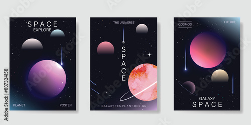 Planet and galaxy Space card vector set. Solar system with galaxy planets, asteroids, jupiter, saturn, mars, moon, ring line solar. Cosmic design for flyer, brochure, background, poster, cover.