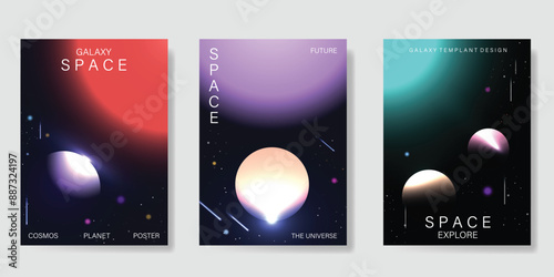 Planet and galaxy Space card vector set. Solar system with galaxy planets, asteroids, jupiter, saturn, mars, moon, ring line solar. Cosmic design for flyer, brochure, background, poster, cover.