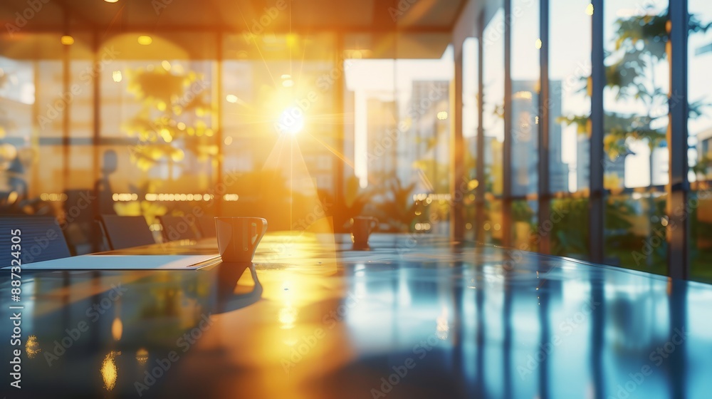 Modern business office environments blur the background, and the morning or evening sunlight reflects on the window glass