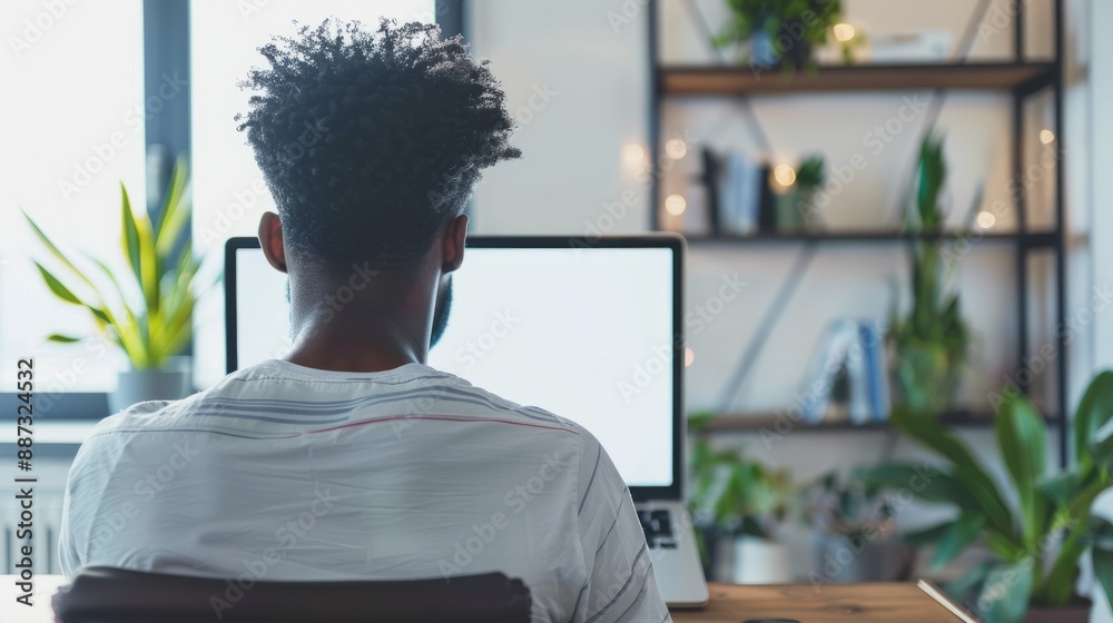Over shoulder shot of a young man using computer laptop in front of an blank white computer screen in home Over shoulder shot of a young man using computer laptop in front of an blank white computer screen in home