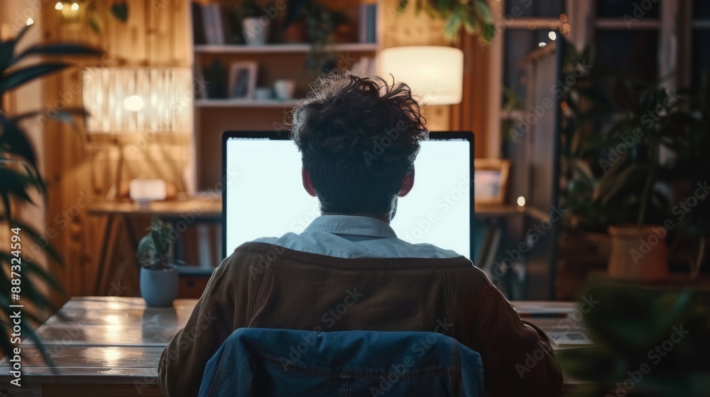 Over shoulder shot of a young man using computer laptop in front of an blank white computer screen in home Over shoulder shot of a young man using computer laptop in front of an blank white computer screen in home