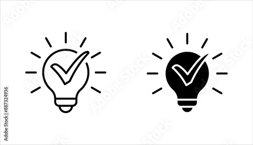 Light bulb with tick icon in flat style. Lightbulb with check, successful idea symbol vector illustration on white background