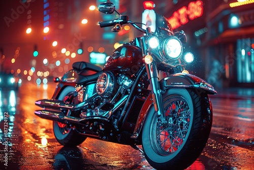 A motorcycle is parked on a wet street in the rain photo