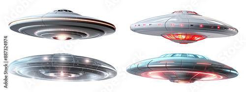 Set of 4 Flying saucer, ufo, uap on white background.