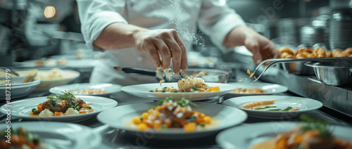 Fototapeta Naklejka Na Ścianę i Meble -  Chef Plating Dishes in Restaurant Kitchen with Cinematic Lighting