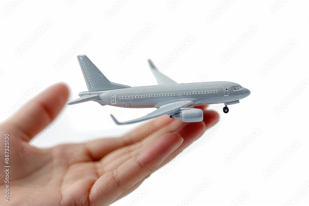 Hand holding a miniature model of an airplane, highlighting travel and aviation concepts in a simple and white background. Hand holding a miniature model of an airplane, highlighting travel and aviation concepts in a simple and white background.