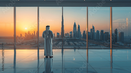 Arab man in traditional white thobe stands in office looking at Dubai skyscrapers photo