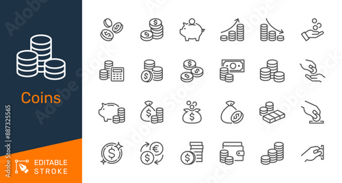Coins thin line icons. Editable stroke. Pixel perfect.