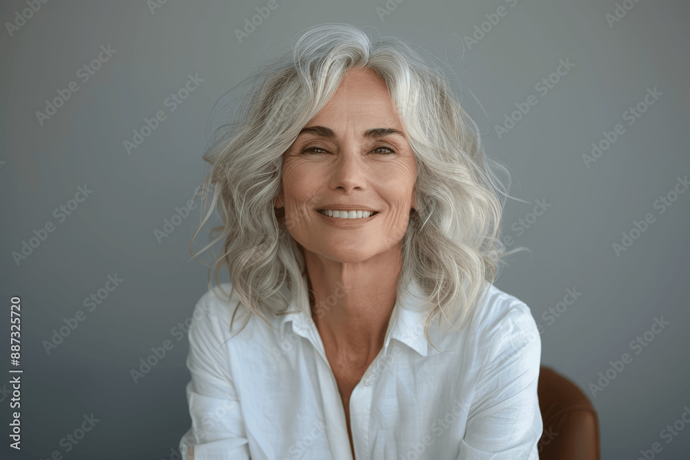 Fototapeta premium Elegant Senior Woman Smiling Looking at Camera Grey Hair White Shirt Happy Laughing Closeup Portrait
