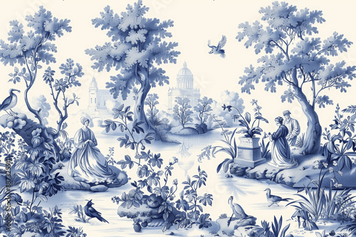 vintage french toile de jouy textile eden garden high resolution blue white illustration
