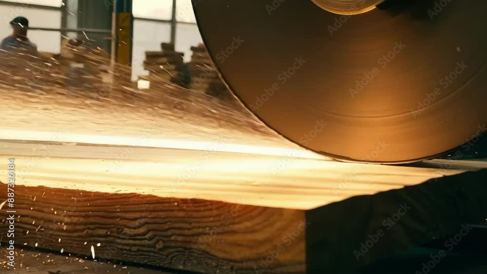 The loud whirring of a saw as it s through thick logs producing large wooden beams for construction.