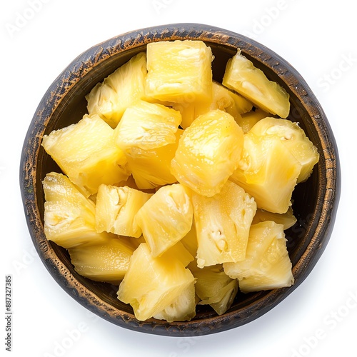 Pineapple chunks in a bowl, close-up, isolated white background, bright lighting, sharp focus, macro photography