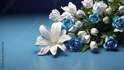 3D realistic funeral flower in blue background with empty space text