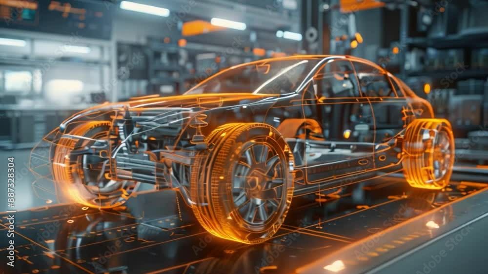 An orange, glowing digital wireframe model of a car sits on a dark platform within a modern automotive factory setting.