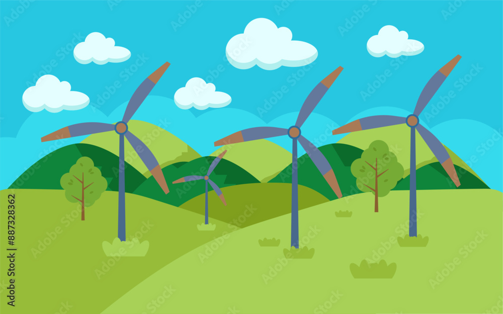 Fototapeta premium Ecology green energy wind turbines in background with Mountain. vector illustration