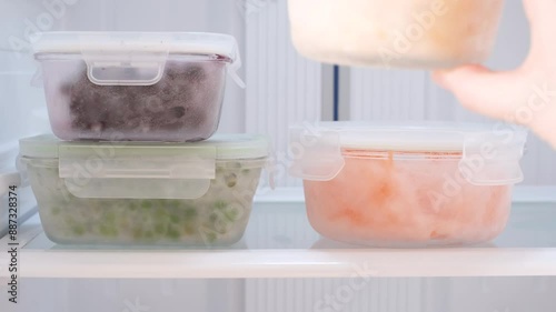 Young woman putting glass boxes with frozen vegetables in refrigerator, food storage concept.