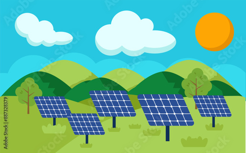 Ecology green energy solar panels in background with 
Mountain. vector illustration