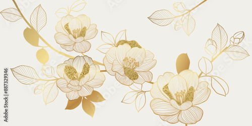 Luxury golden peony flower line art on white background vector. Natural botanical elegant flower with gold foil texture. Design illustration for decoration, wall decor, wallpaper, cover, banner.