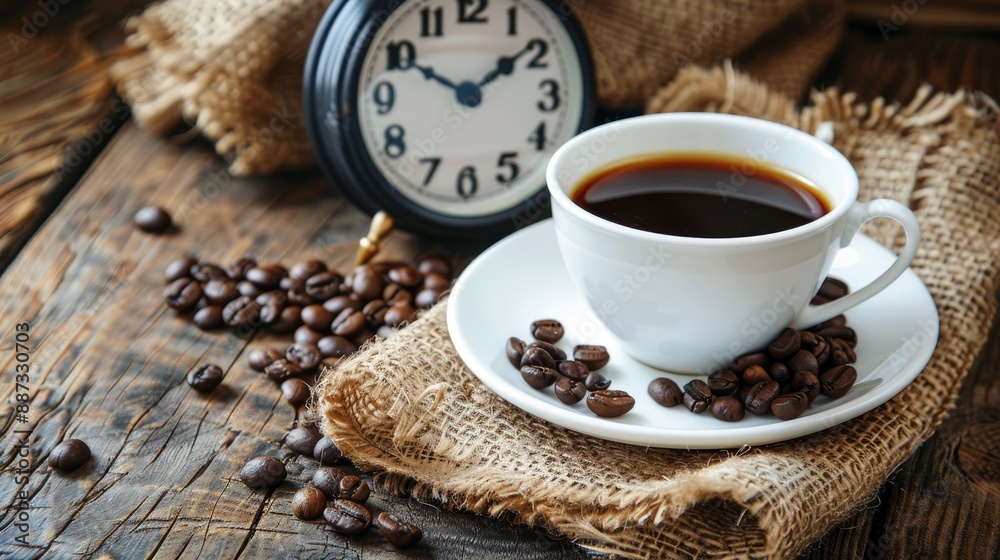 Concept of coffee break with cup of coffee and clock Concept of coffee break with cup of coffee and clock