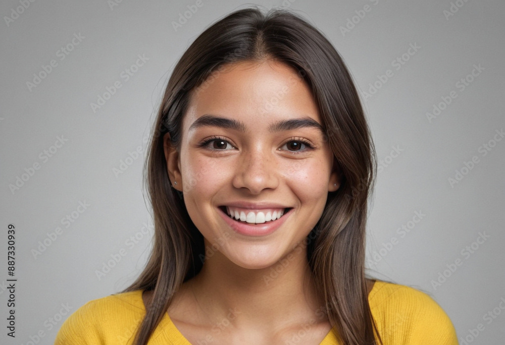 Portrait view of a regular happy smiling Colombia girl, ultra realistic, candid, social media, avatar image, plain solid background Portrait view of a regular happy smiling Colombia girl, ultra realistic, candid, social media, avatar image, plain solid background