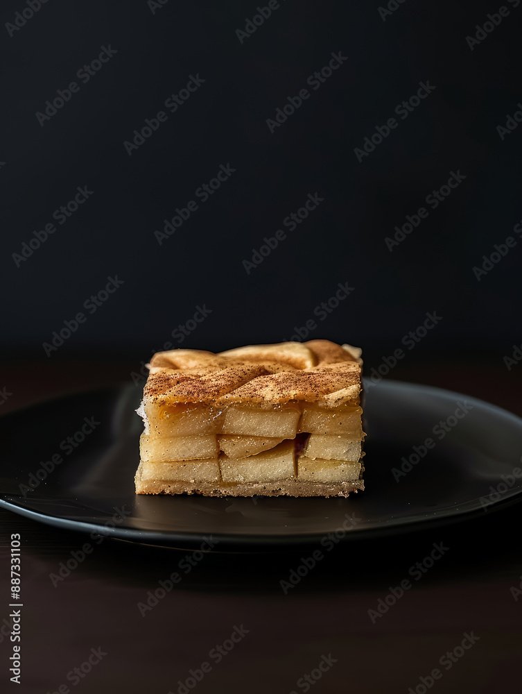 Apple Cake on a matte black plate. The apple cake is cut into a perfect square