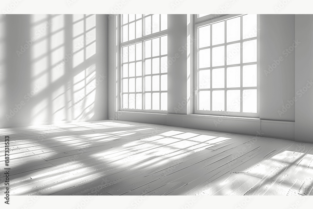 Abstract Window Light and Shadow on Wall Overlay Effect in Minimal White Room Abstract Window Light and Shadow on Wall Overlay Effect in Minimal White Room