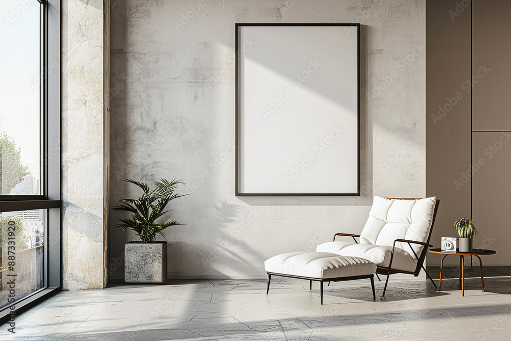A modern living room with a large blank frame on the wall, a white armchair, and plants, creating a serene and stylish interior mockup for design presentations. A modern living room with a large blank frame on the wall, a white armchair, and plants, creating a serene and stylish interior mockup for design presentations.
