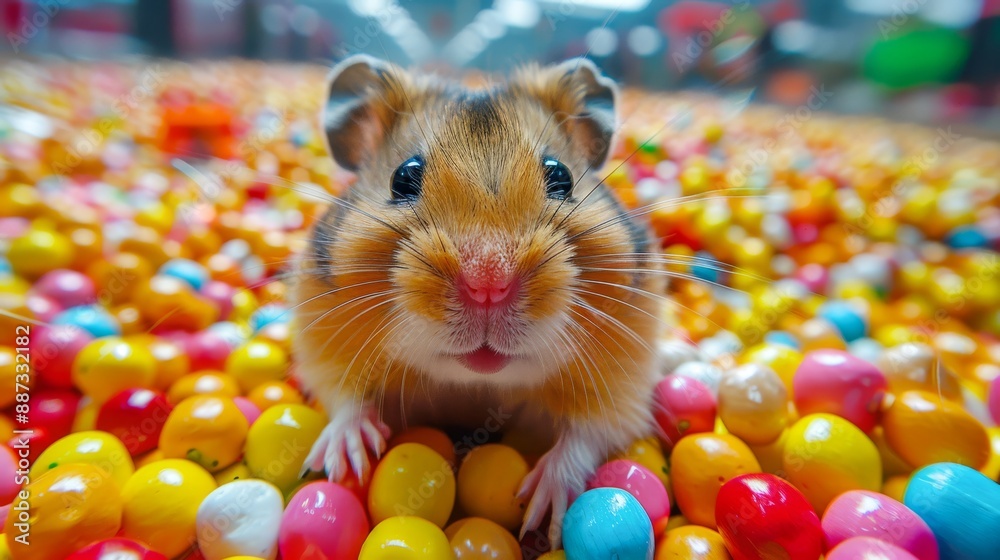 Fish-eye Lens Effect of a Hamster Stuffing Its Cheeks with Food - In a colorful playpen filled with toys Fish-eye Lens Effect of a Hamster Stuffing Its Cheeks with Food - In a colorful playpen filled with toys