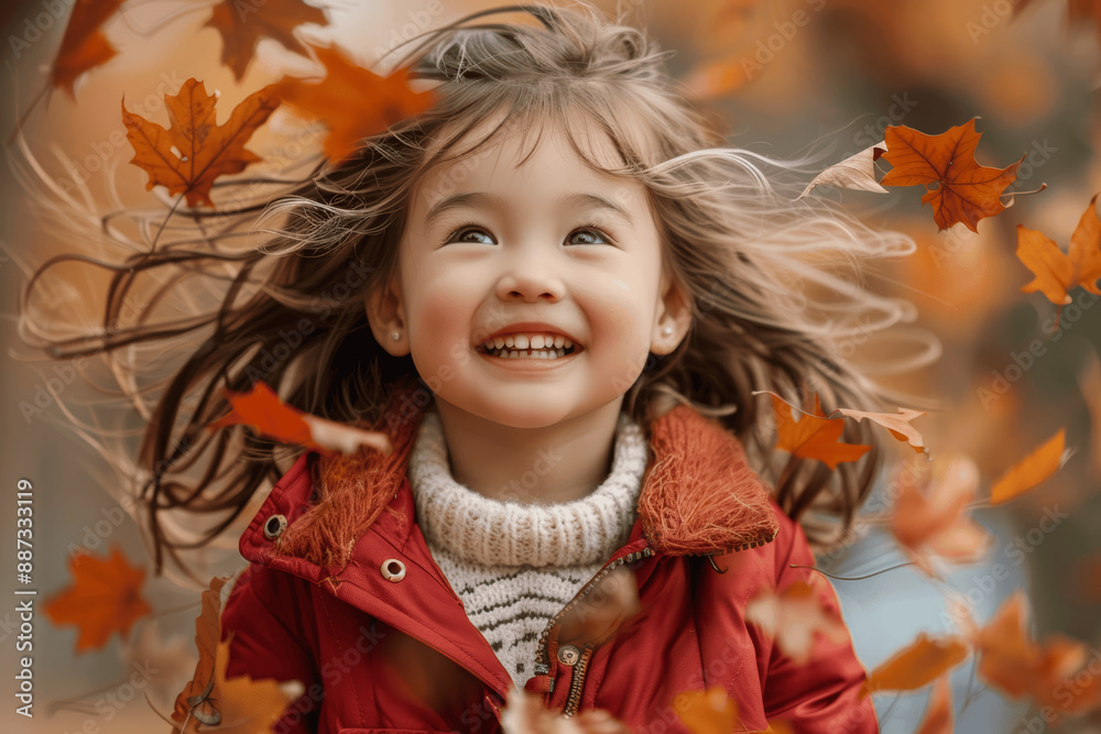 happy little asian girl laughing in red jacket with long hair blowing surrounded by autumn leaves happy little asian girl laughing in red jacket with long hair blowing surrounded by autumn leaves