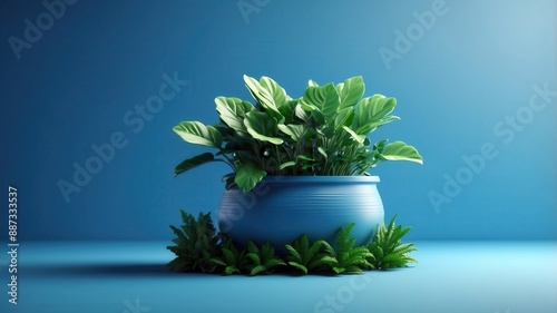 3D realistic growing plant in blue background with empty space text