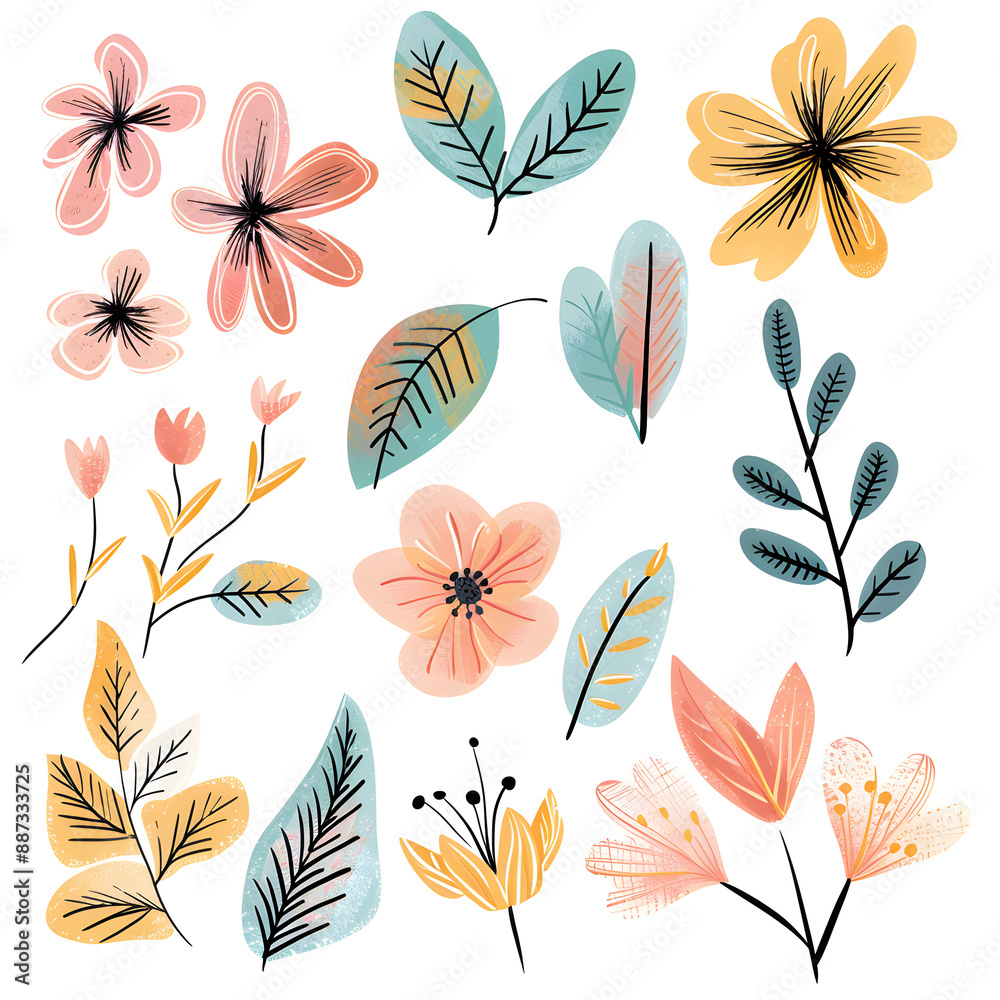 2D flower and leaf cards in various styles 2D flower and leaf cards in various styles