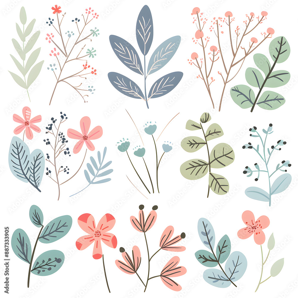 2D flower and leaf cards in various styles 2D flower and leaf cards in various styles