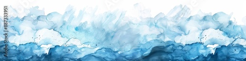 Abstract Textured Watercolor Healing Wallpaper: Soft Landscape with Blue Sky, White Clouds, and Blue Waves. Ideal for Indoor Decor, Flyers, Posters, Covers, and Banners. AI-Generated 4K Design."