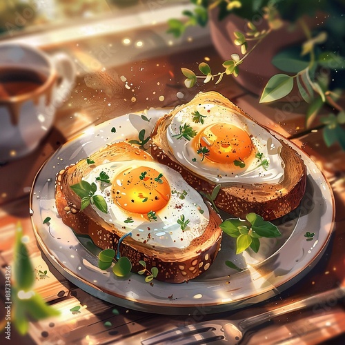 eggs and herbs on toast with coffee, in the style of anime, warm colors, morning light, food illustration, detailed background, delicious textures, shining sunlight.