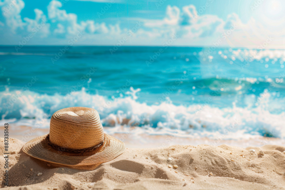 Obraz premium Summer hat on the sandy beach near the sea. Vacation concept