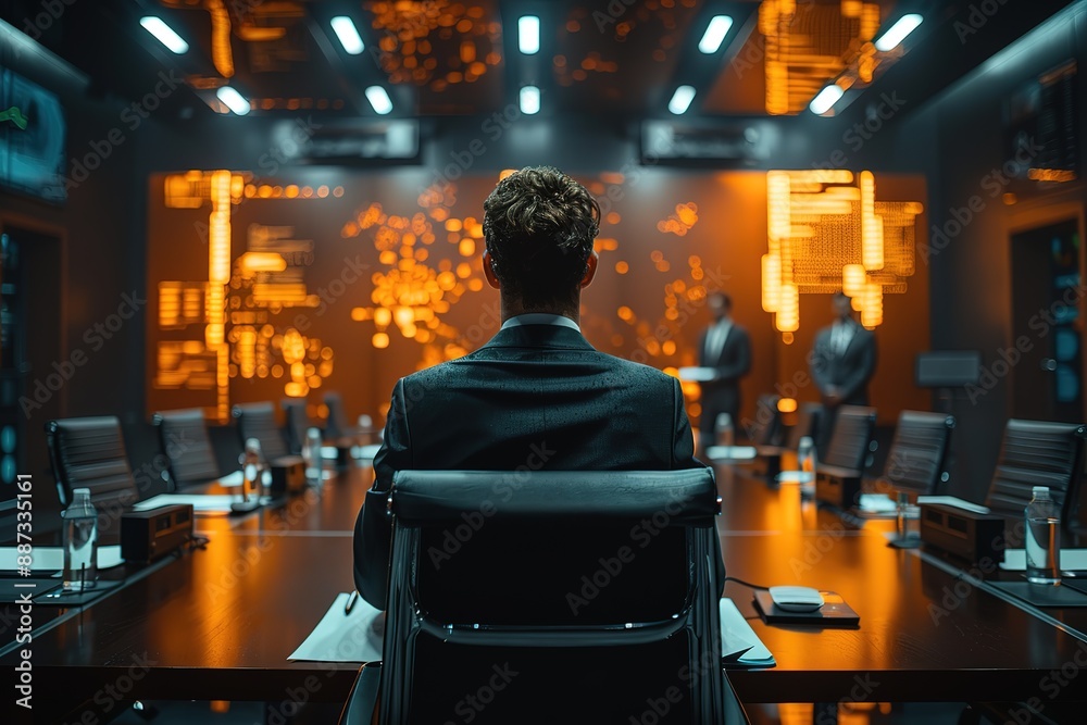 Fototapeta premium A man sits in a chair in front of a computer monitor