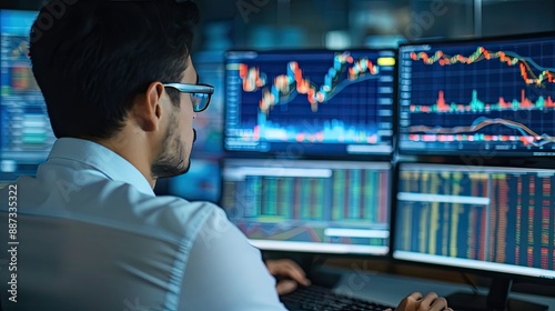 Man monitoring stock market charts on multiple screens. Suitable for financial, trading, data analysis, investing concepts in presentations, articles.
