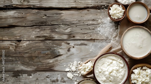 Different types of dairy products on wooden background 